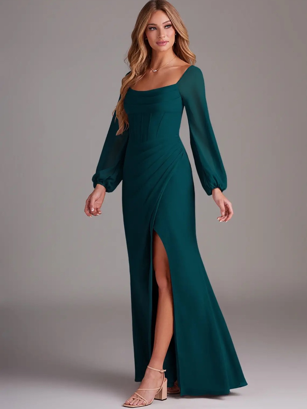 Azazie Teal Long Sleeve Square Neck Evening Gown